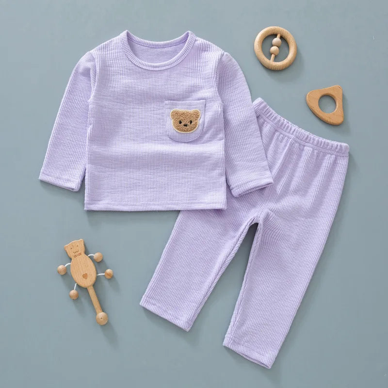 0-3Y Baby Pajamas Suit Cartoon Bear Sleepwear Underwear Set Girls Solid color Infant Home Clothes Toddler Boys outfit