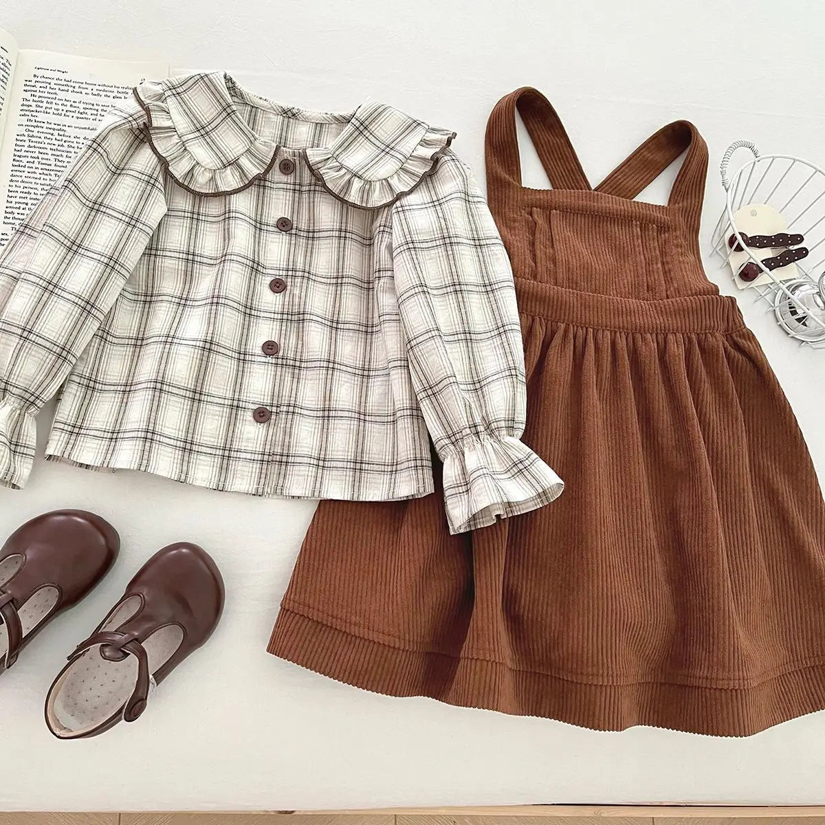 Autumn Children Girls 2PCS Clothes Set Cotton Peter Pan Collar Kid Baby Girl Plaid Shirt Outfit Solid Corduroy Little Girl Dress