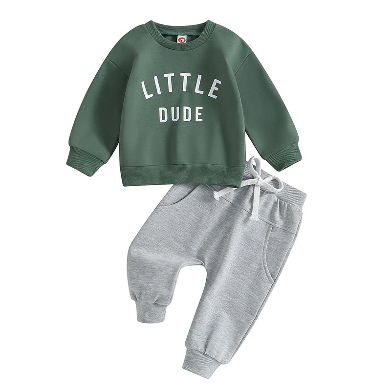 Baby Toddler Boys Fall Winter Outfits Little Dude Letter Printed Long Sleeve Sweatshirts Pants 2Pcs Clothes Set