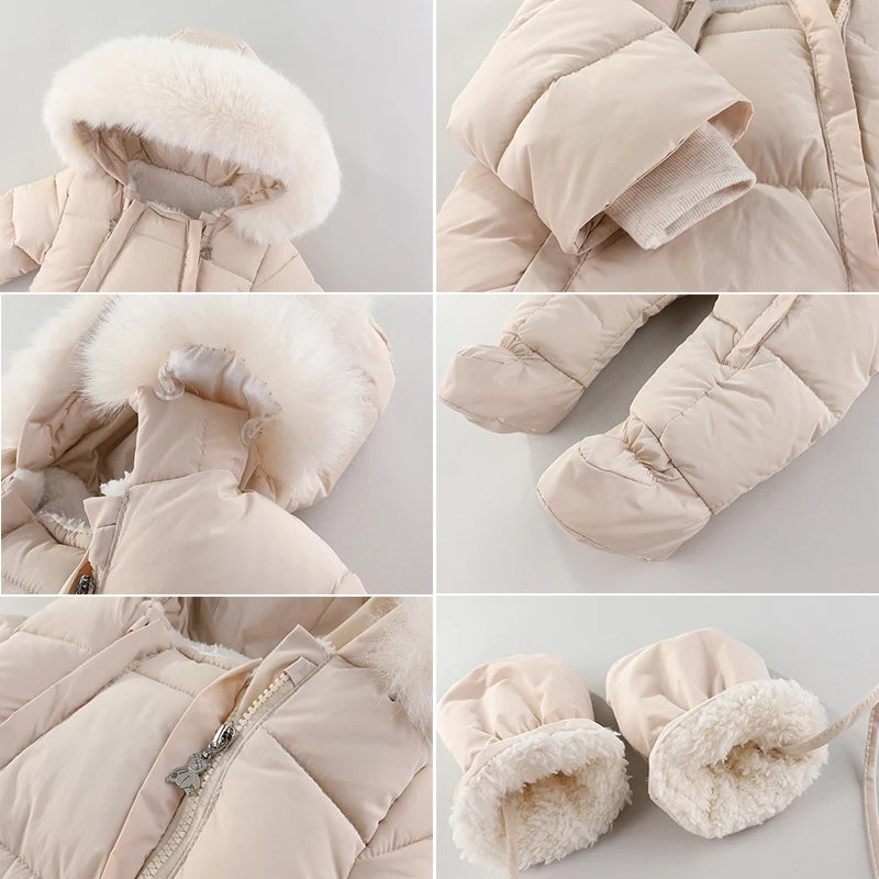 Winter Newborn Baby Girl Clothes Thicken Baby Romper With Gloves Warm Baby Jumpsuit Hooded Plus Velvet Children's Clothing 0-18M