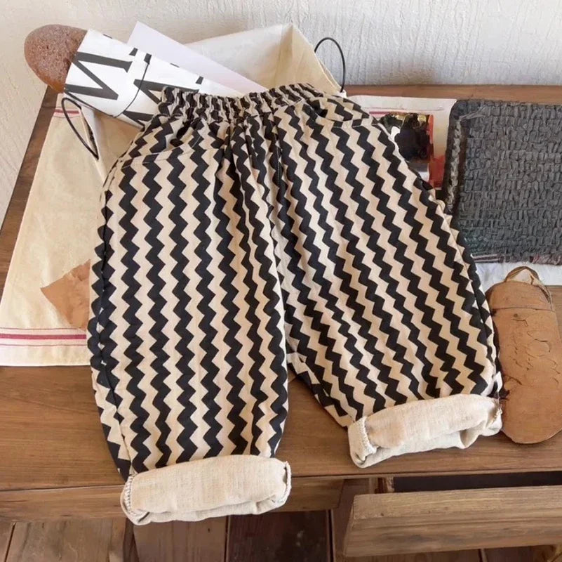 2025 Autumn Kids Zigzag Stripe Wide Leg Pants Elastic Waist Baggy Trousers with Pockets 2-7Y Boys Girls Casual Clothes