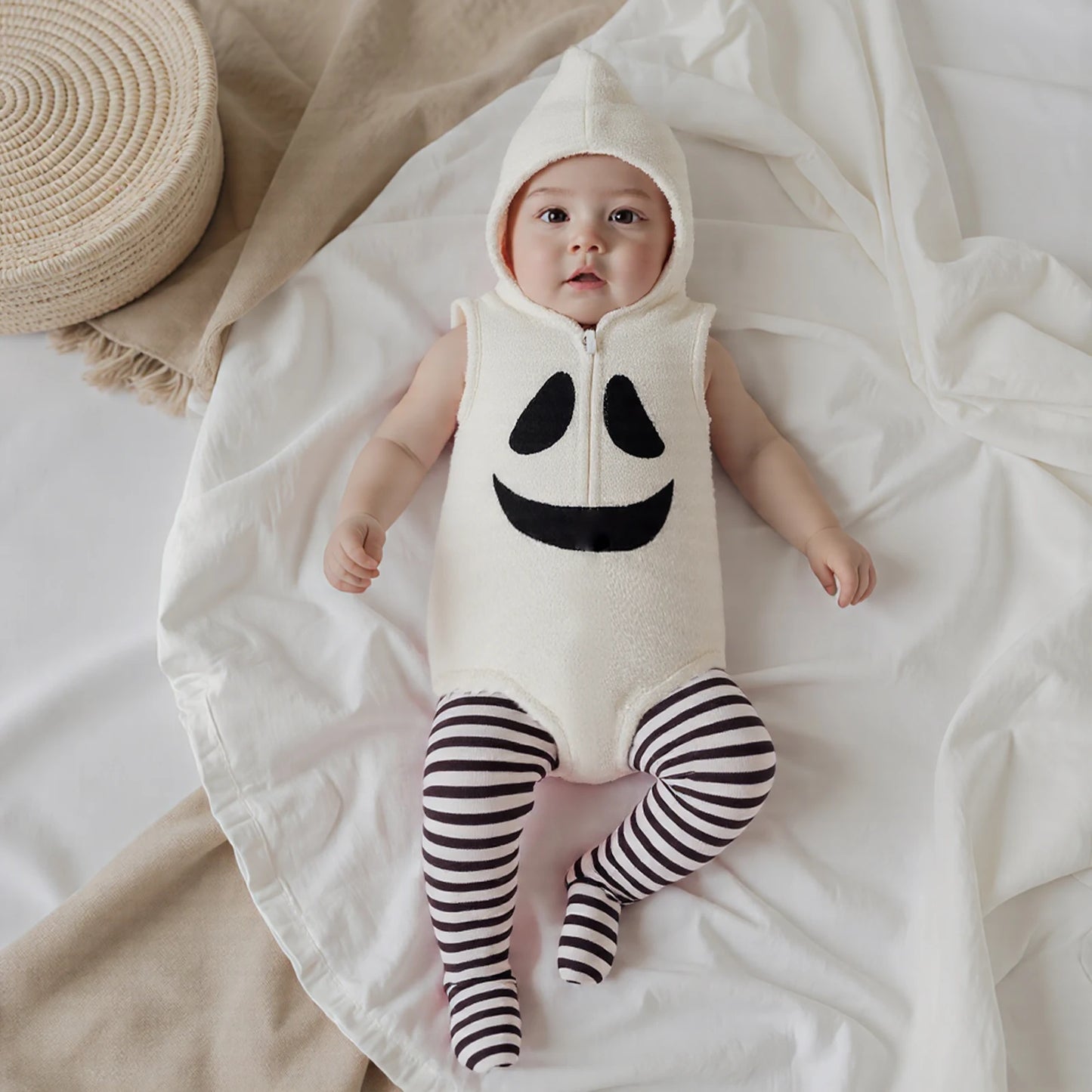 Baby Cosplay Costume Sleeveless Hooded Ghost Romper with Striped Stockings Halloween Clothes for Girls Boys