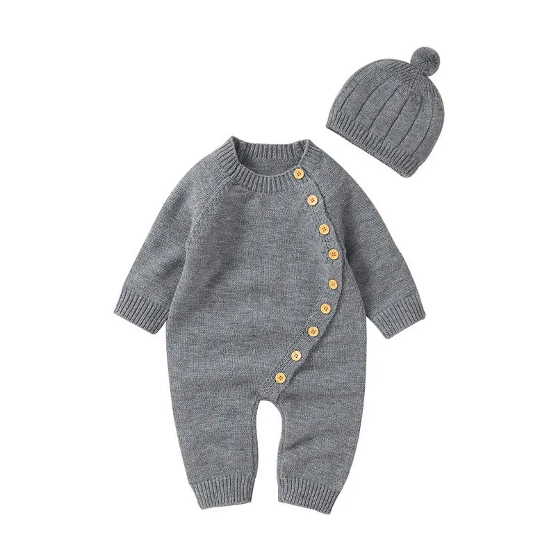 New Born Baby Boy Girl Clothes Knit Jumpsuit Fall Winter 2023 Warm Long Sleeve Crew Neck Button Closure Solid Romper with Hat
