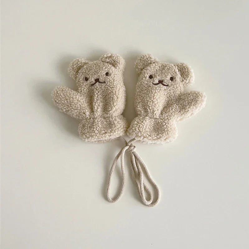 1-4Y Baby Cartoon Bear Label Mittens Winter Warm Kids Girls Gloves Soft Fur Children Toddler Thick Child Fleece Cartoon Mittens