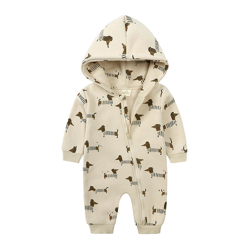 2025 Infant Baby Boys Girls Print Romper Newborn Cotton Fleece Hooded Jumpsuit Toddler Warm Cute Bodysuit Costume For 0-24M