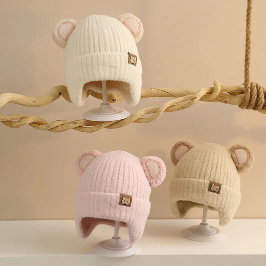 Cute Bear Baby Earmuffs Cap Winter Warm Kids Plush Pullover Hat 6-36Month Toddler Beanies Thicken Velvet Children Crochet Bonnet