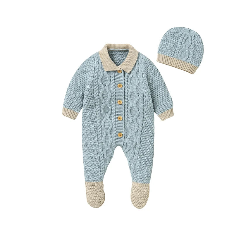 Baby Romper Knit Newborn Boy Girl Jumpsuit Long Sleeve Autumn Foot Wrap Infant Child Clothes Hat 2pcs Fashion 0-9M Overalls Warm