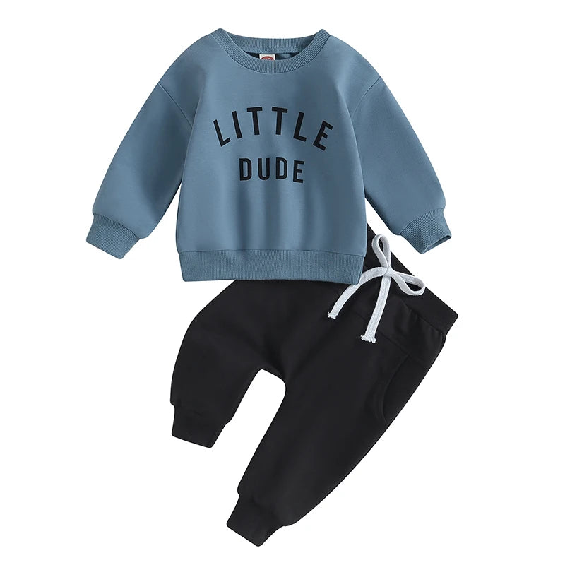 Baby Toddler Boys Fall Winter Outfits Little Dude Letter Printed Long Sleeve Sweatshirts Pants 2Pcs Clothes Set
