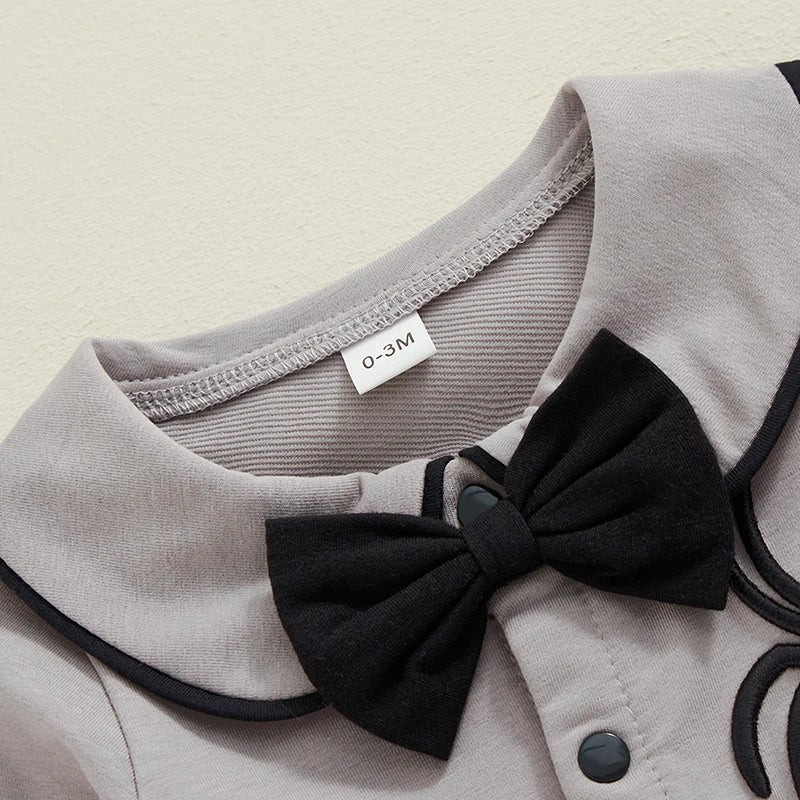 Baby Boy Halloween Romper Spider Embroidered Bow Tie Long Sleeve Lapel Neck Button-up Fall Jumpsuits