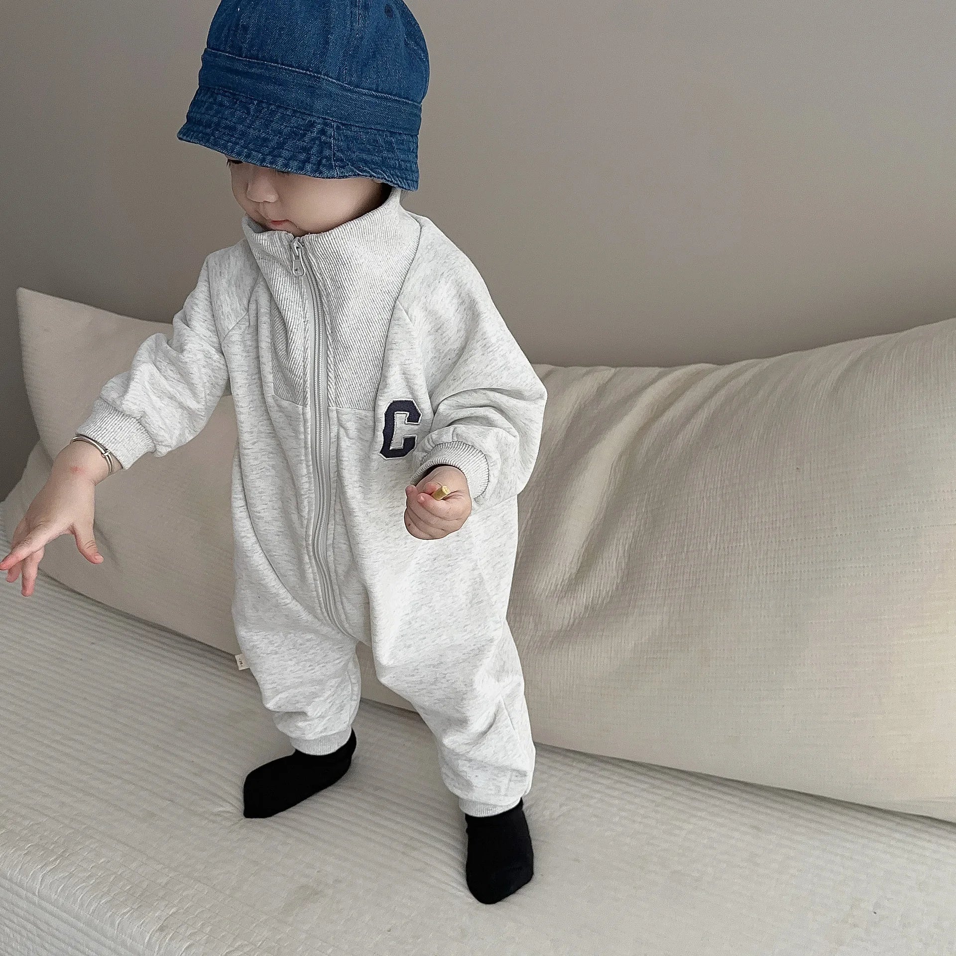 Cotton Lapel Zipper Onesie