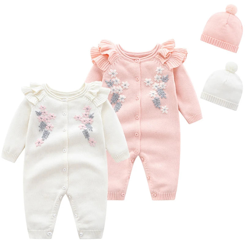 0-24M Baby Girl Rompers Knitted Kids New Spring Autumn Girl Embroidery Flower Rompers + Hat Baby Girl Newborn Rompers Clothes