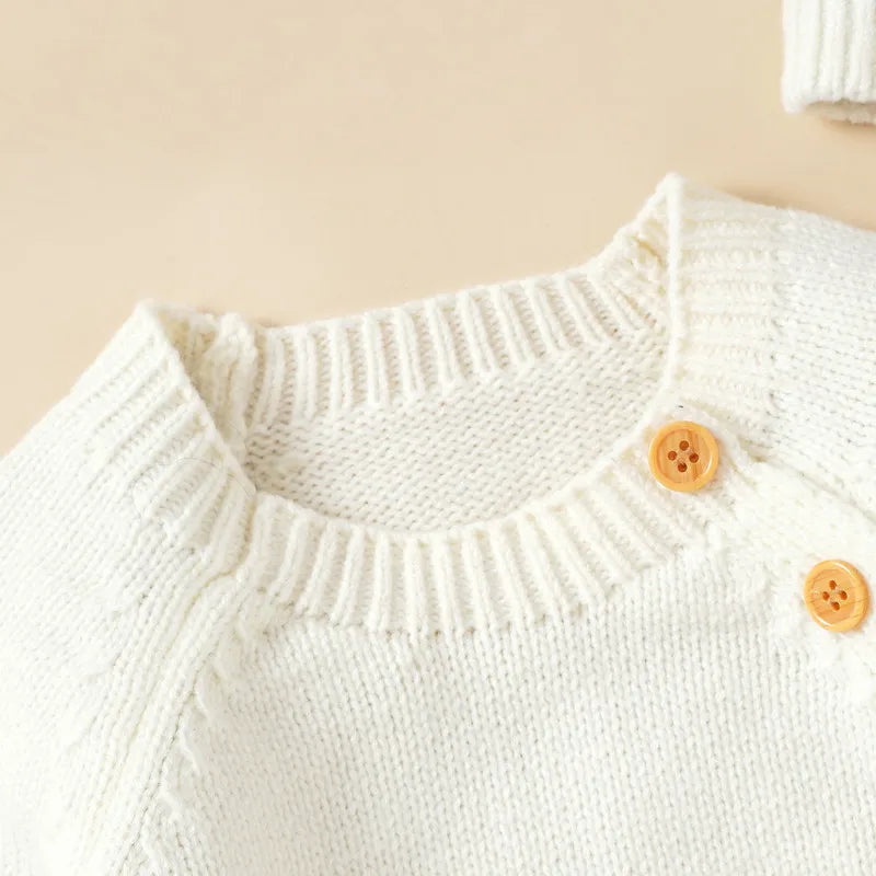 New Born Baby Boy Girl Clothes Knit Jumpsuit Fall Winter 2023 Warm Long Sleeve Crew Neck Button Closure Solid Romper with Hat