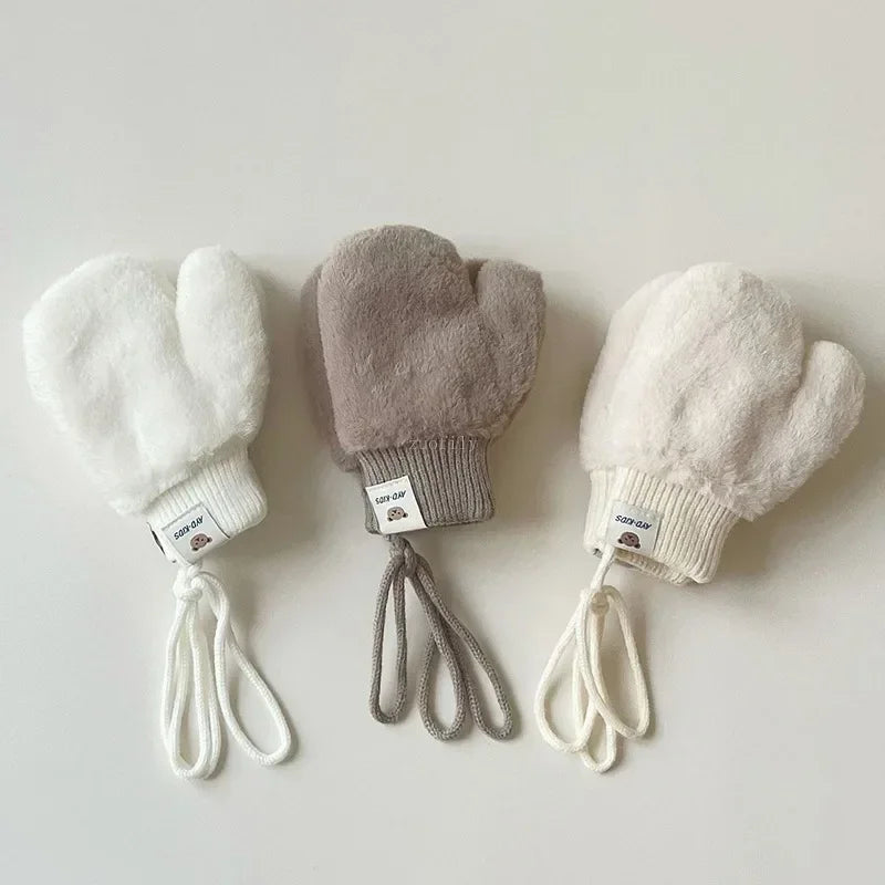 1-4Y Baby Cartoon Bear Label Mittens Winter Warm Kids Girls Gloves Soft Fur Children Toddler Thick Child Fleece Cartoon Mittens