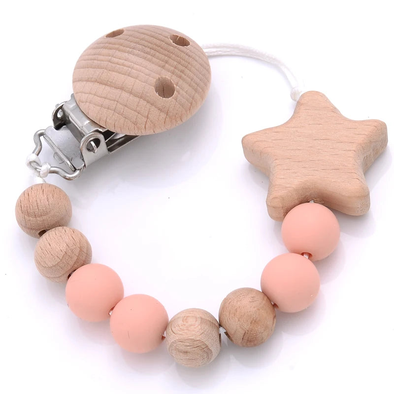 Baby Pacifier Chain Clips Wood Pentagram Teether Silicone Round Beads Teething Chain For Baby Care Soother Chew Toys Shower Gift