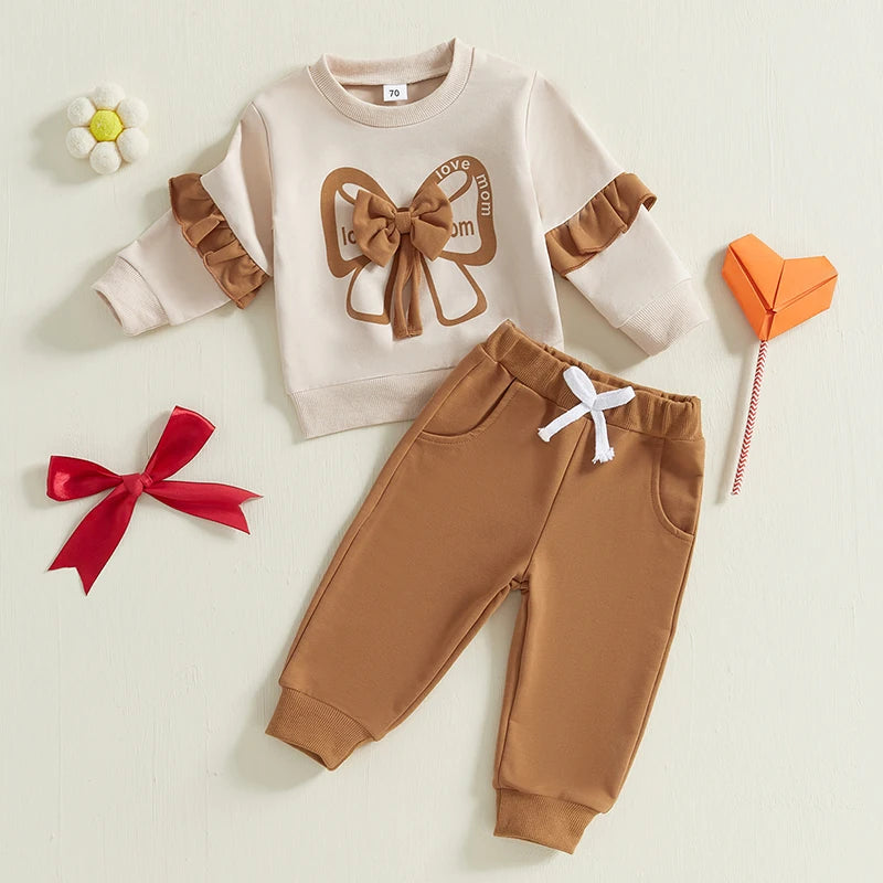 Pudcoco Baby Girls 2-piece Outfit, Long Sleeve Crew Neck Bow Sweatshirt with Elastic Waist Sweatpants Fall Clothes 0-3T