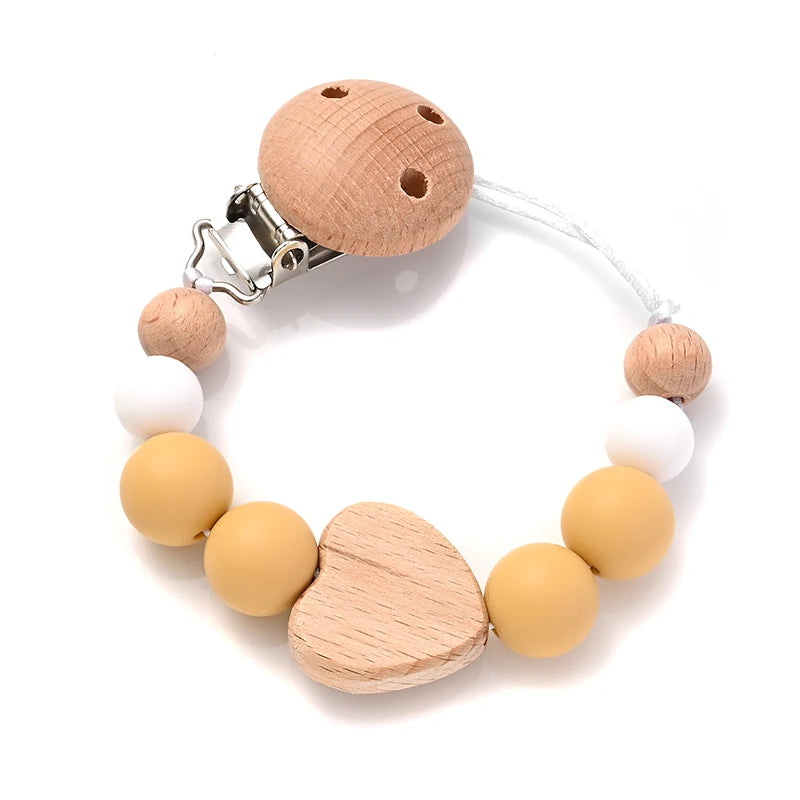 Baby Pacifier Chain Clips Wood Pentagram Teether Silicone Round Beads Teething Chain For Baby Care Soother Chew Toys Shower Gift