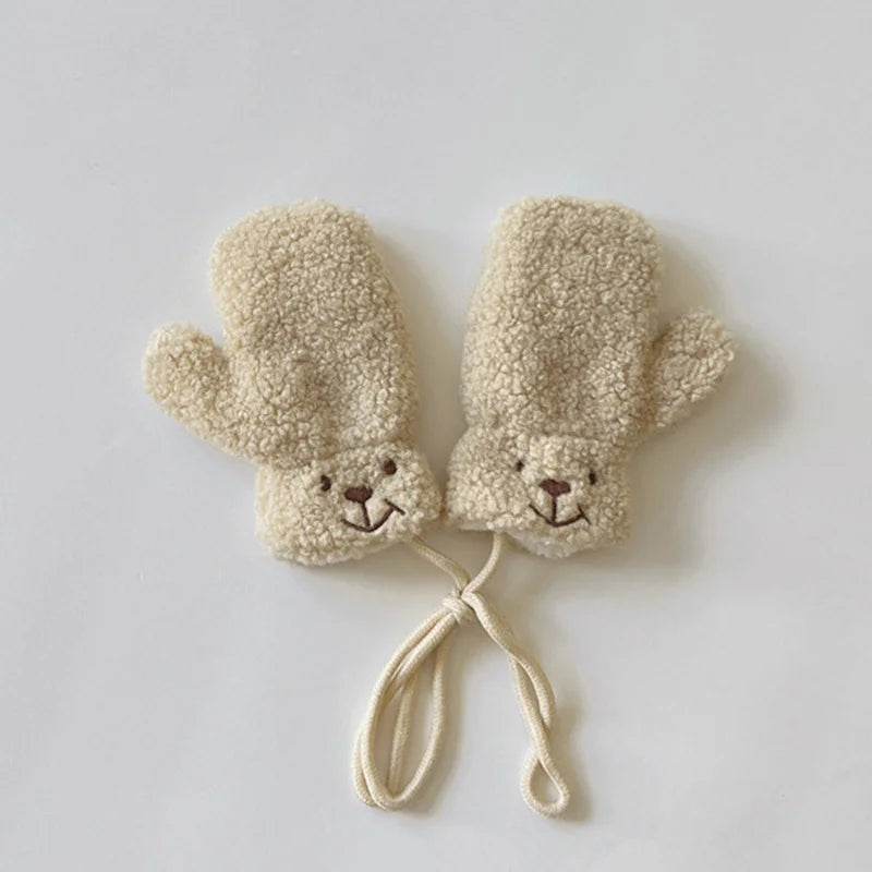 1-4Y Baby Cartoon Bear Label Mittens Winter Warm Kids Girls Gloves Soft Fur Children Toddler Thick Child Fleece Cartoon Mittens