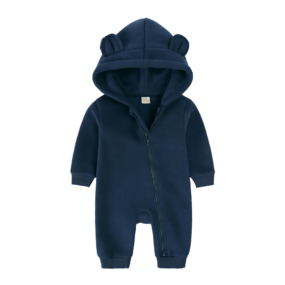 2025 Infant Baby Boys Girls Print Romper Newborn Cotton Fleece Hooded Jumpsuit Toddler Warm Cute Bodysuit Costume For 0-24M