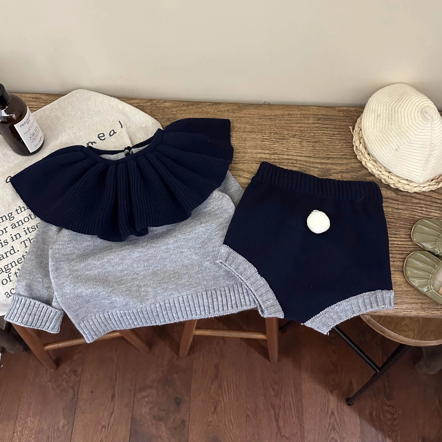 2024 Spring Outfits Children Knitsuit Fashion Girl Baby Knitted Lotus Collar Long Sleeve Tops+Shorts 2pcs Kid Casual Sweater Set