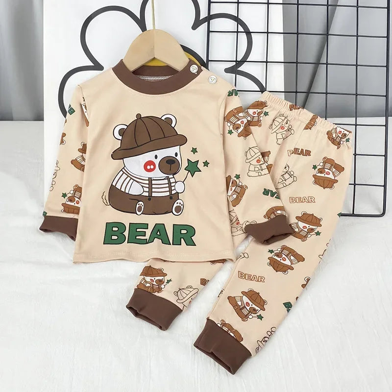 2024 New Kids Boys Girls Pajama Sets Cartoon Print Long Sleeve Cute T-Shirt Tops with Pants Toddler Baby Sleeping Clothing Sets
