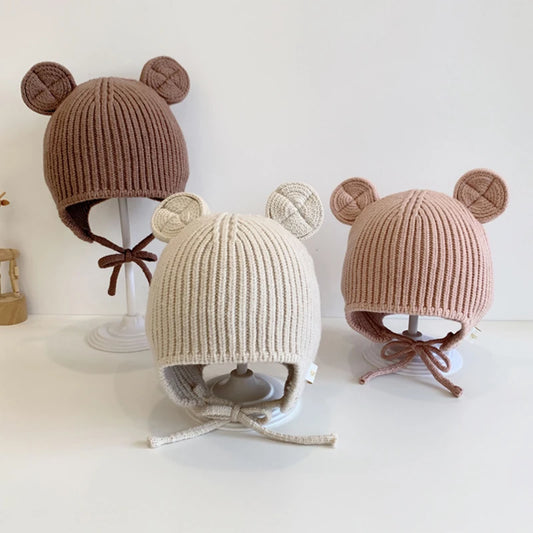 Bear Baby Ear Protection Woolen Cap Solid Color Toddler Beanie Children Knitted Hat 1-4 Years Boy Girl Kids Winter Warm Headgear