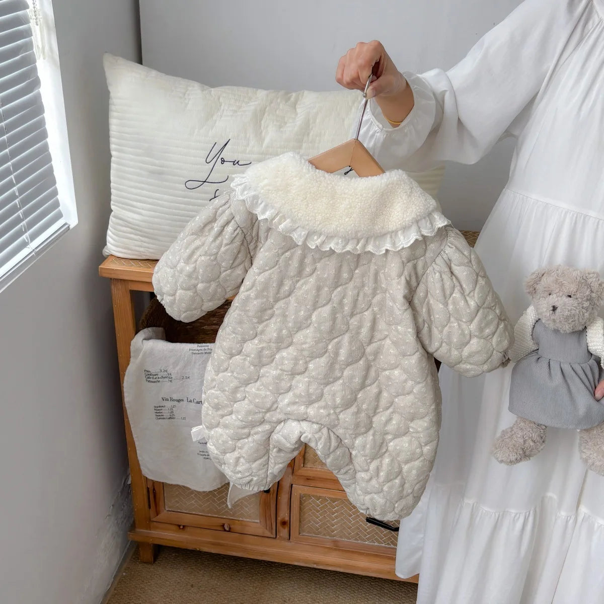 Quilted Velvet Bodysuit with Peter Pan Collar