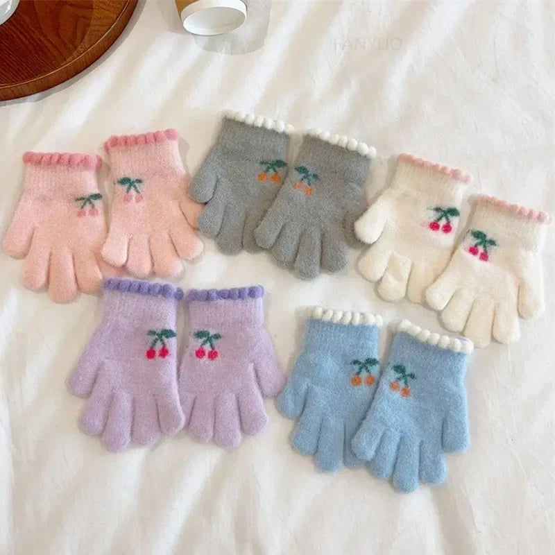 Korean Sweet Cherry Children Kids Warm Gloves Winter Windproof Thicken Boys Girls Kids Cycling Mittens Cute Fashion Baby Gloves