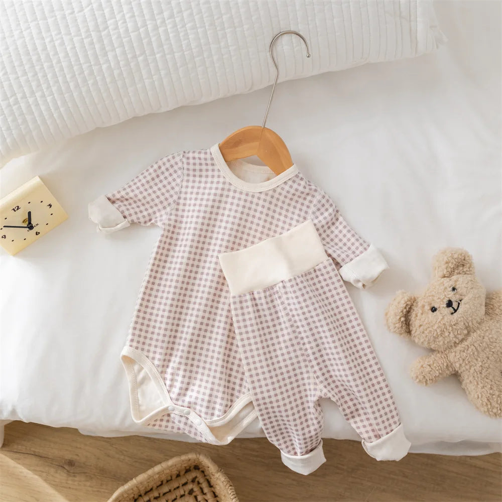 2024 Autumn Baby Pajamas Set 0-2Y Toddler Boys Plaid Bodysuit+Pants Underwear 2Pcs Girls Homewear Suit Toddler Sleep Clothing