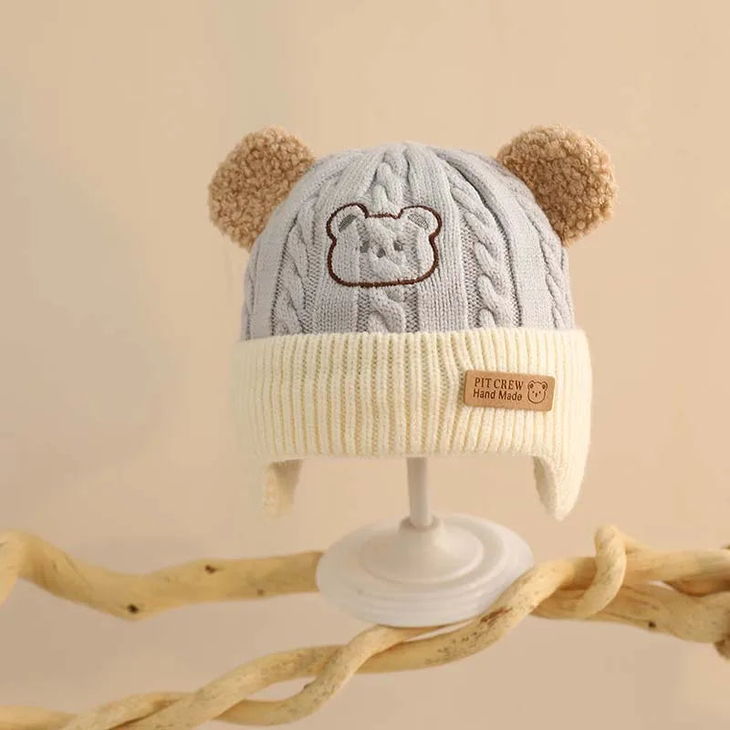 Cute Bear Baby Earmuffs Cap Winter Warm Kids Plush Pullover Hat 6-36Month Toddler Beanies Thicken Velvet Children Crochet Bonnet