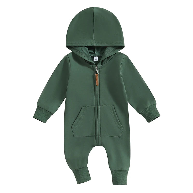 2023-07-19 Lioraitiin 0-12M Newborn Baby Boys Girls Fall Jumpsuits Long Sleeve Solid Zip Up Hooded Rompers Newborn Outfit