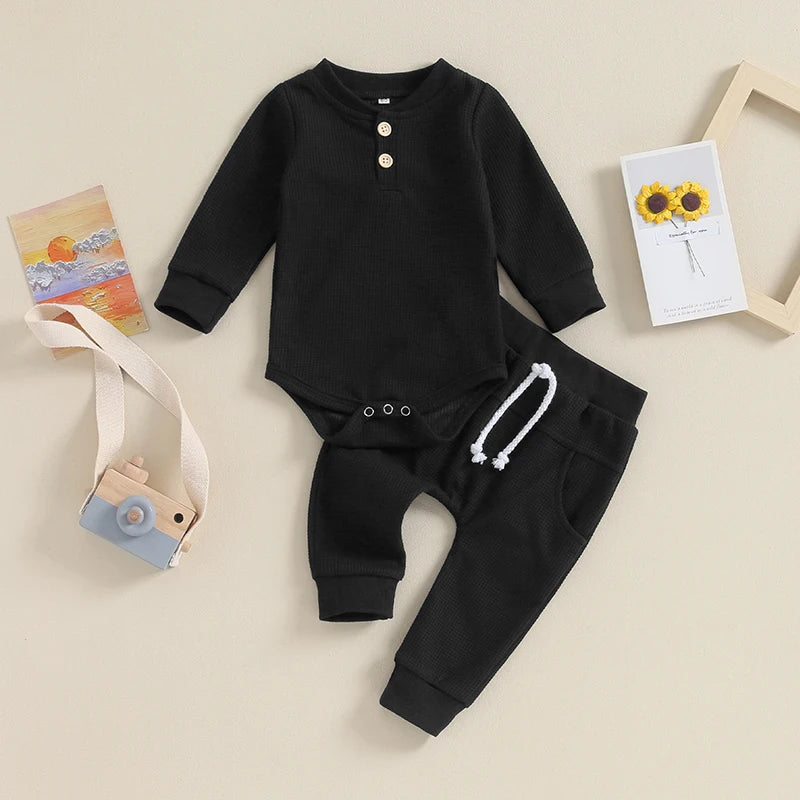 Pudcoco Infant Baby Girll Boy Waffle Jumpsuit Outfits Solid Color Long Sleeve Romper with Elastic Waist Pants 0-12M