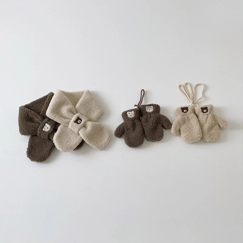 Cute Plush Baby Gloves Korean Bear Embroidered Toddler Mittens Winter Thick Warm Cashmere Kids Full Finger Gloves