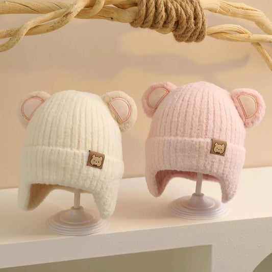 Cute Bear Baby Earmuffs Cap Winter Warm Kids Plush Pullover Hat 6-36Month Toddler Beanies Thicken Velvet Children Crochet Bonnet