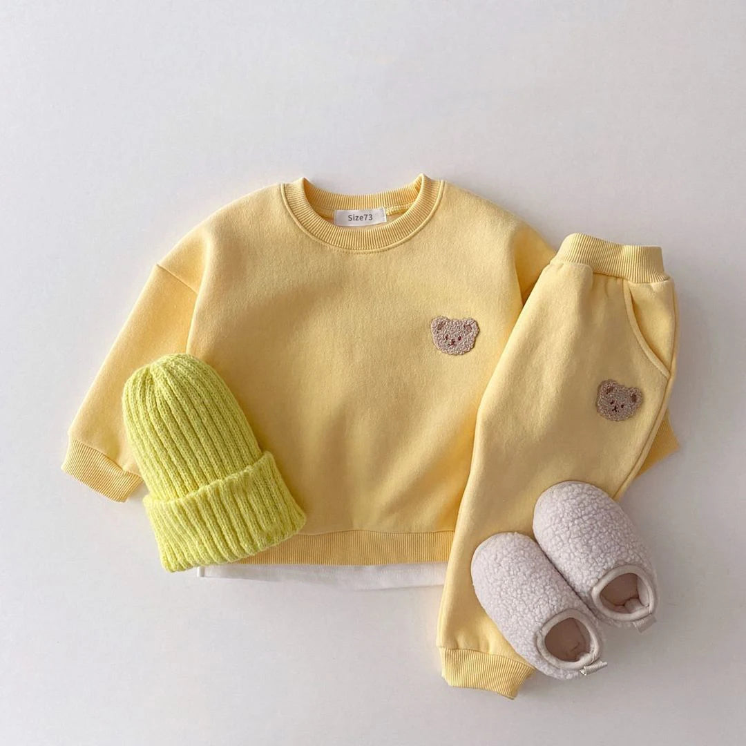 Winter Warm Velvet Newborn Set Baby Girls Clothese Little Bear Embroidery Sports Pullover Top+Pant 2Pcs Wool Lining Clothing