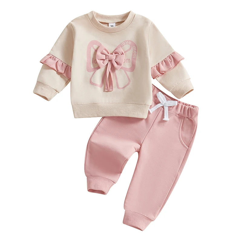Pudcoco Baby Girls 2-piece Outfit, Long Sleeve Crew Neck Bow Sweatshirt with Elastic Waist Sweatpants Fall Clothes 0-3T