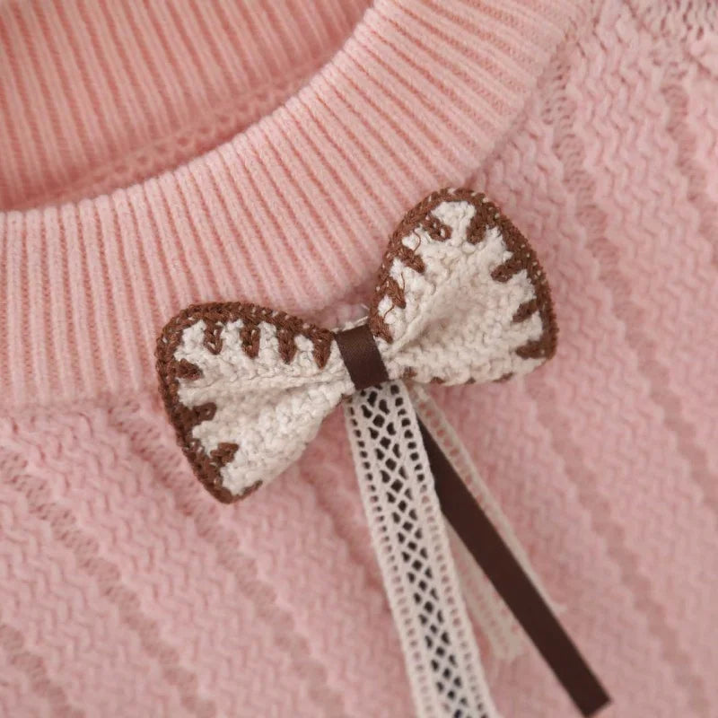 Girls Bow Knit Sweater Set Autumn Winter New - Fluffy Princess Outfit Thickened Knitted Clothing 2-8Y Kids