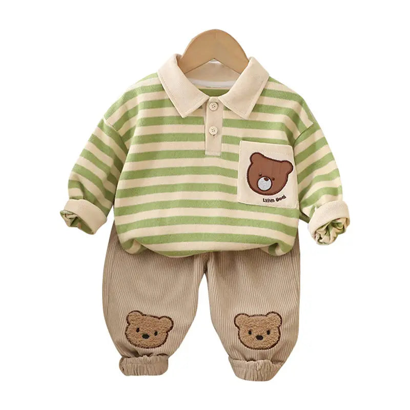 Spring Autumn Children Kids Boys Clothes Infant Strips Cartoon Bear T-shirt Pants 2Pcs/set Toddler Fashion Cloth Kids Tracksuits