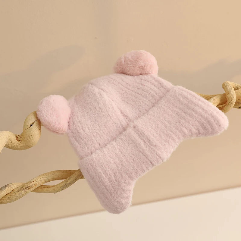 Cute Bear Baby Earmuffs Cap Winter Warm Kids Plush Pullover Hat 6-36Month Toddler Beanies Thicken Velvet Children Crochet Bonnet