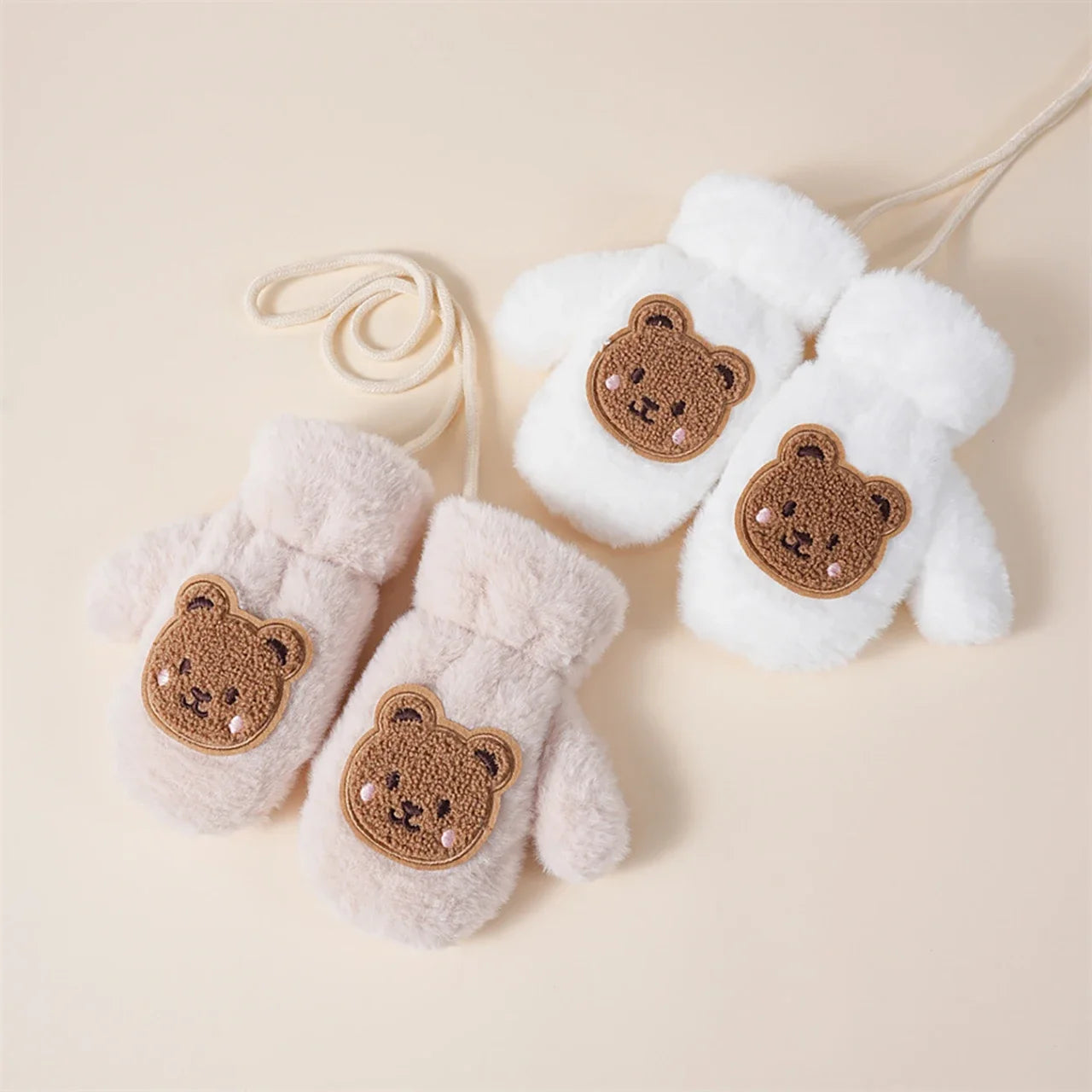 Winter Thicken Warm Baby Gloves Cute Cartoon Bear Baby Boys Girls Mittens Faux Fur Toddler Kids Fingerless Gloves
