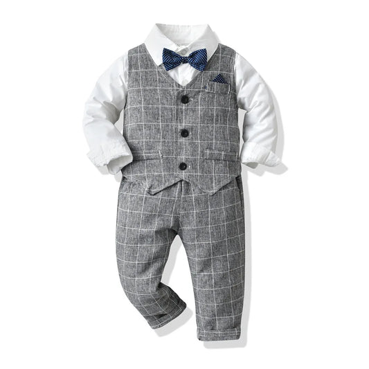 Korean Boy Autumn Plaid Vest+White Shirt+Trousers Suit Children Clothing Baby Boy 2-10 Years Old Suit Kids Boy Clothes 70-130cm