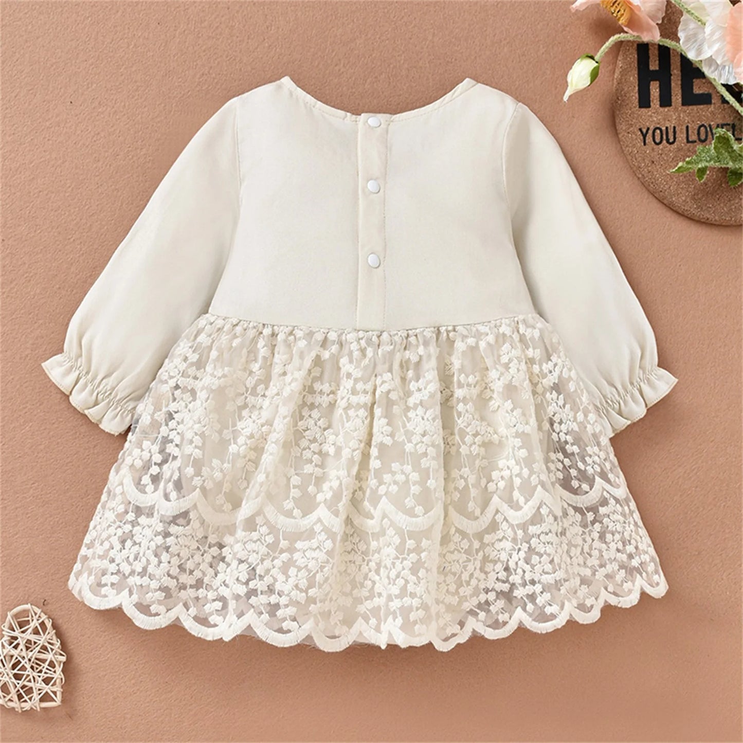 Kid Infant Baby Girl Romper Dress, Long Sleeve Round Neck Patchwork High Waist Lace Floral Party Dress 0-18M
