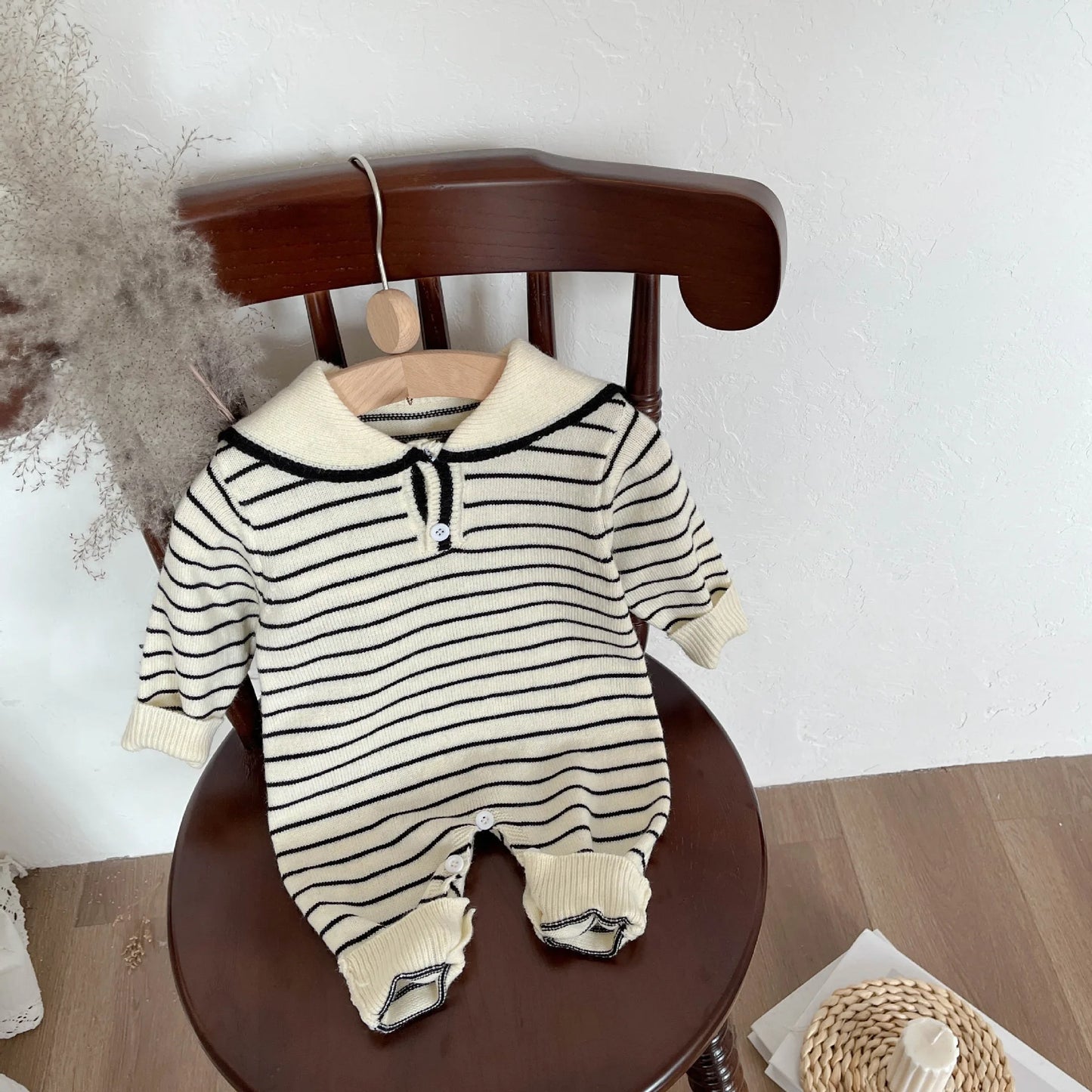2025 Autumn New Baby Sailor Collar Long Sleeve Knitted Romper Infant Boy Girl Casual Striped Jumpsuit Newborn Toddler Clothes
