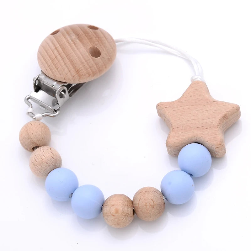 Baby Pacifier Chain Clips Wood Pentagram Teether Silicone Round Beads Teething Chain For Baby Care Soother Chew Toys Shower Gift