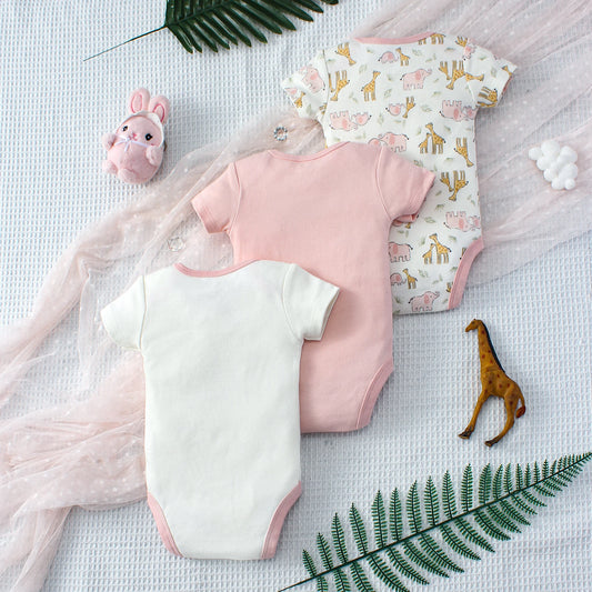 ﻿ 3PCS Summer Baby Girls Three Piece Bodysuit  Animal Kingdom and Elephant Letter Pattern Short Sleeve Bodysuit Mother's Day Gif
