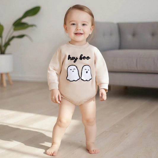 0-18M Newborn Baby Halloween Romper Letter Ghost Embroidered Crew Neck Long Sleeve Jumpsuit for Fall