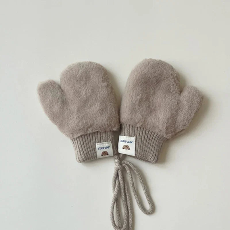 1-4Y Baby Cartoon Bear Label Mittens Winter Warm Kids Girls Gloves Soft Fur Children Toddler Thick Child Fleece Cartoon Mittens
