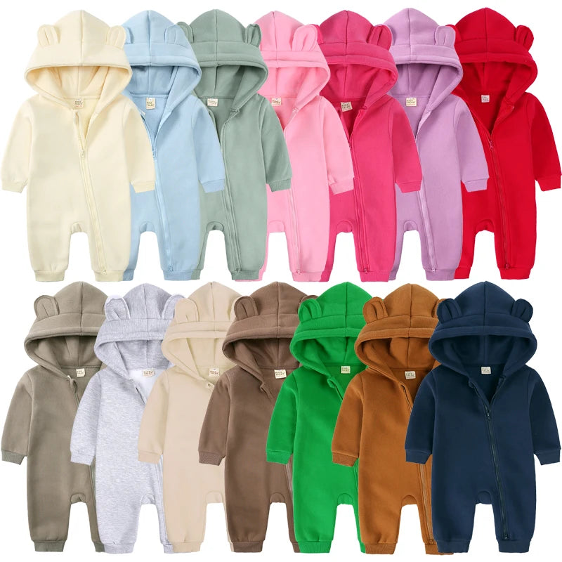 2025 Infant Baby Boys Girls Print Romper Newborn Cotton Fleece Hooded Jumpsuit Toddler Warm Cute Bodysuit Costume For 0-24M