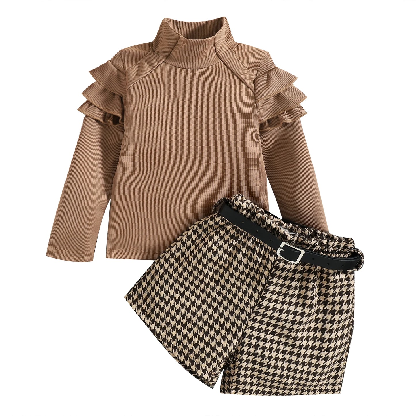 2022-08-15 Lioraitiin 0-6Years Toddler Girl Autumn Clothes Ruffled Long Sleeve High Neck Ribbed Houndstooth Print Shorts Belt