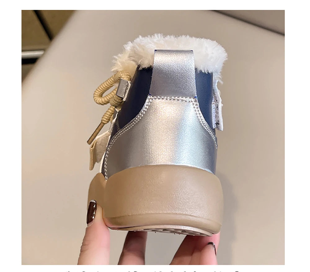 Winter Plush Boots For Children PU Leather Teenager Kid's Snow Boots Thick Warm Faux Fur Children's Cotton Shoes Boy's Girl's