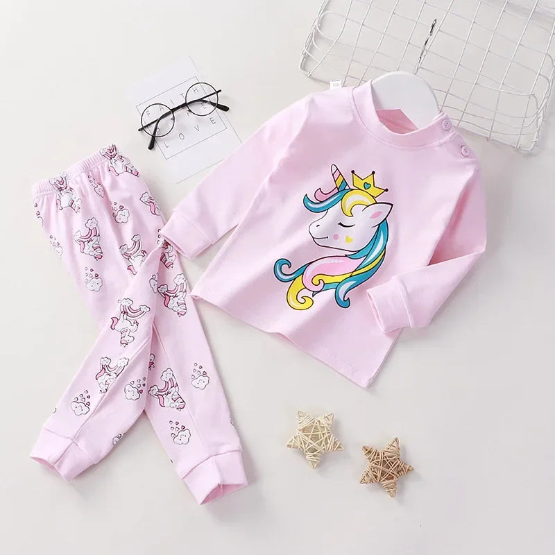 2024 New Kids Boys Girls Pajama Sets Cartoon Print Long Sleeve Cute T-Shirt Tops with Pants Toddler Baby Sleeping Clothing Sets